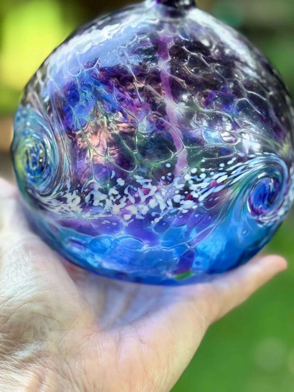 Hand Blown Canadian Glass Oil Lamp Purple/Blue Swirl Crackle Finish Vtg